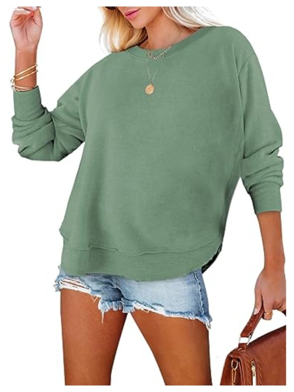 Womens Long Sleeve Crew Neck Sweatshirt Cotton Blend Pullover Fall Winter Top